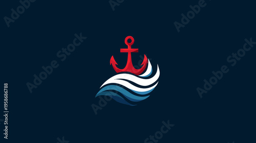 Nautical red anchor symbol with blue and white waves on a dark background, representing marine travel, sailing, and maritime adventure.