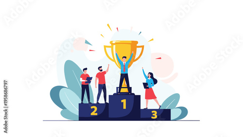 Successful business team celebrates their victory by standing on a winners podium around a giant gold trophy with arms raised in joy.