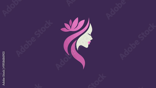 Elegant abstract woman's profile with a pink lotus flower in her flowing hair, representing beauty, spa, and wellness icon design.