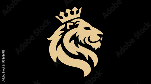 Golden crowned lion head profile on a black background, a majestic symbol of royalty, strength, and leadership