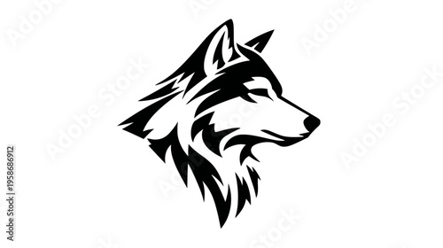 Stylized black and white wolf head profile illustration. Majestic wild animal, canine character, strong graphic vector design.
