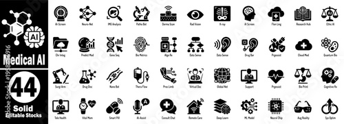Medical AI icons set. Including neuro network image analysis, pathology bot, dermal scan radiology vision research hub, and future healthcare vector illustration.