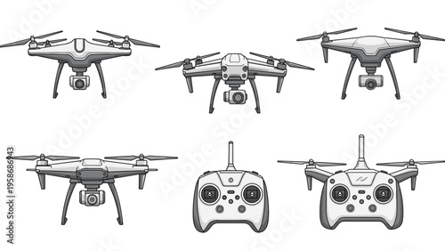 Set of modern drones and remote control units is shown from various angles in a detailed gray and white technical illustration style.