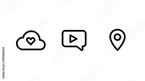 Modern Line Icons Set: Cloud with Heart, Video Play Chat Bubble, and Location Pin. Digital UI/UX Elements for Apps and Web Design.