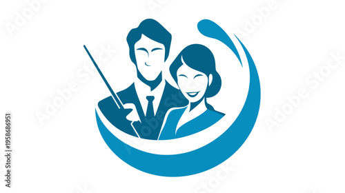 Stylized vector illustration of a professional man with a pointer and a smiling woman, symbolizing business education, mentorship, and teamwork.