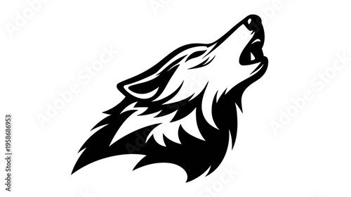 Powerful howling wolf head vector illustration. Majestic black and white wild animal graphic design element with stylized fur.