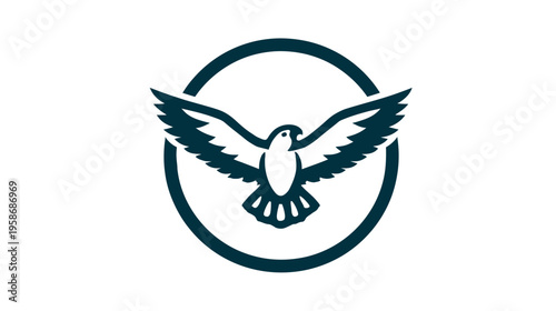 Minimalist stylized vector icon of a powerful bird with outstretched wings soaring within a circular frame, symbolizing freedom and aspiration.