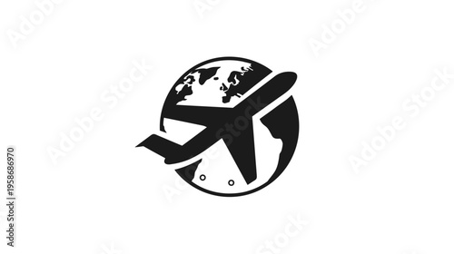 Global travel icon with airplane flying around the world, representing international journeys and aviation worldwide.