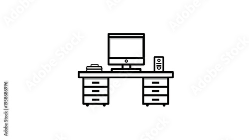 Minimalist computer desk icon with monitor and drawers. Line art vector illustration for office workspace or home study setup.