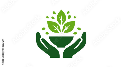 Hands holding a bowl with a vibrant green plant, symbolizing organic growth, healthy nutrition, natural food, and environmental care concept.