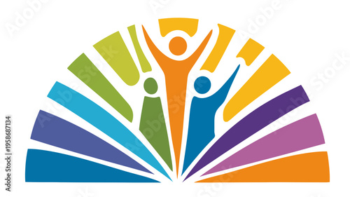 Vibrant abstract community symbol with diverse people celebrating unity, support, freedom, happiness, growth, and teamwork.