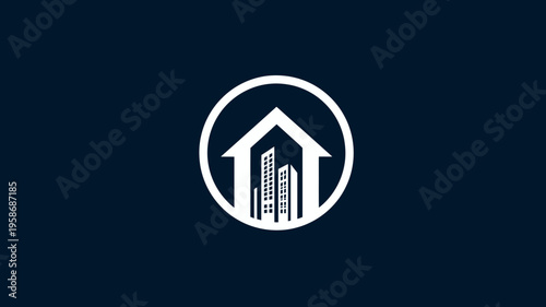 Real Estate Icon: Modern house and city buildings logo for property, home, urban development, apartment, and architecture design.