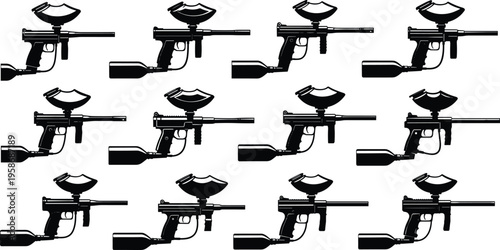 Black and White Silhouette Vector Illustration Set of Professional Paintball Markers with Hoppers and Compressed Air Tanks for Extreme Sports Equipment Graphic Design Elements