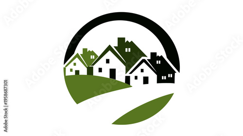 Modern green and white houses in a residential neighborhood symbol. Ideal for real estate, housing market, property development, and home ownership concepts.