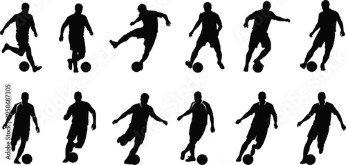 Black Soccer Player Silhouette Vector Collection with Football Athletes Dribbling Kicking and Running for Sports Tournament Competition Match and Athletic Graphic Design Elements