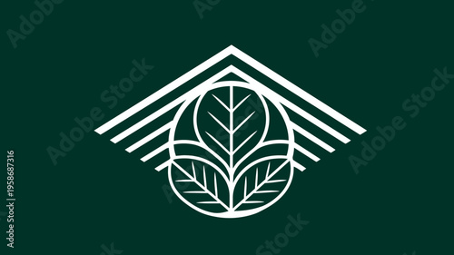 Eco-friendly emblem with abstract leaves and geometric lines on a dark green background, symbolizing nature, growth, and sustainability.