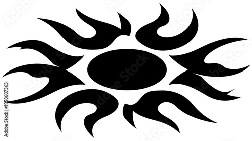 Stylized black tribal eye symbol with decorative abstract flame elements. Graphic art vector design isolated on white background.