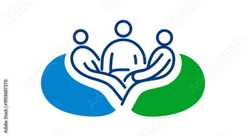 Abstract vector icon of three diverse people forming a supportive community group, representing teamwork, unity, and social connection.