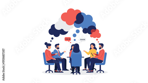 Group of diverse professionals sits in a circle for a brainstorming session with colorful thought bubbles floating above their heads.