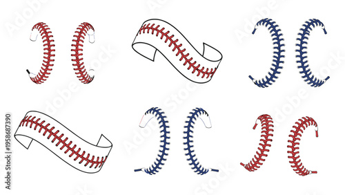 Collection of various baseball stitching patterns and curved seam designs in red and blue colors for sports related graphic elements.