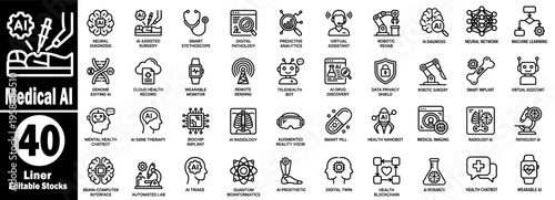 Medical artificial intelligence set of line icons. AI-assisted surgery and smart stethoscope, digital pathology, and predictive analytics vector illustration.