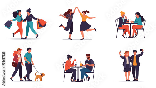Collection of people enjoying various leisure activities including shopping, dancing, drinking coffee, walking a dog, and taking a selfie.