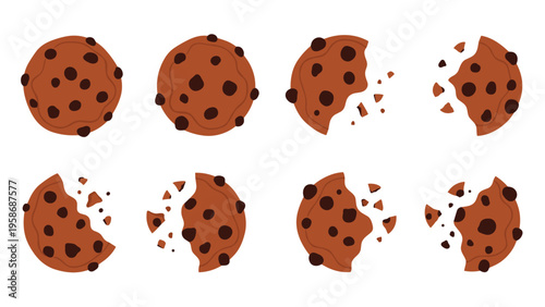 Illustration captures the different stages of eating a chocolate chip cookie from a whole round biscuit to small crumbs and pieces.