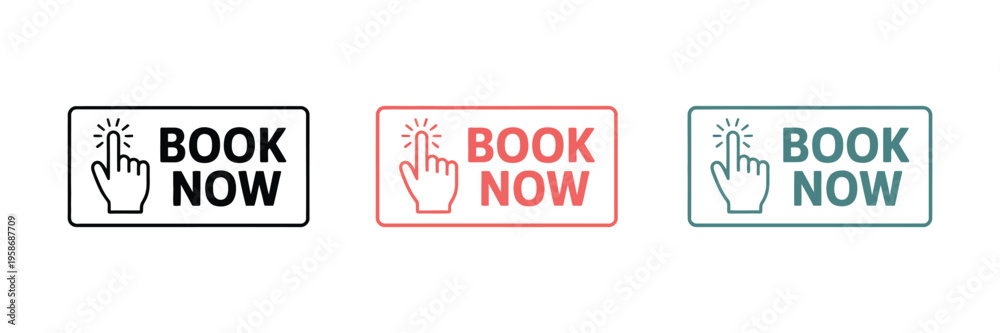 Obraz premium Book now icon set, collection of icons representing online booking, reservations, and appointment scheduling for travel, events, hotels, and service