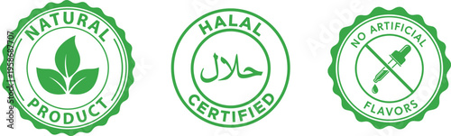 Certification logos for natural halal and kosher products