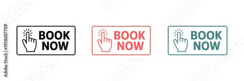 Book now icon set, collection of icons representing online booking, reservations, and appointment scheduling for travel, events, hotels, and service