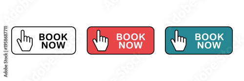 Book now icon set, modern line and flat style icons for booking, scheduling, and reservation actions in apps, websites, and digital platforms, vector illustration