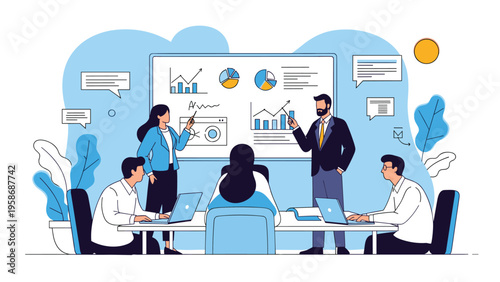 Professional business team conducting a meeting with data charts and graphs displayed on a large white board in a modern office setting.
