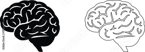 Human brain vector icons in solid black and outline styles, anatomical brain symbols for medical and psychological research, mental health concept art