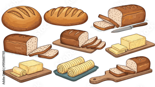 Assorted types of freshly baked bread loaves and sliced portions presented with blocks of butter on wooden cutting boards.