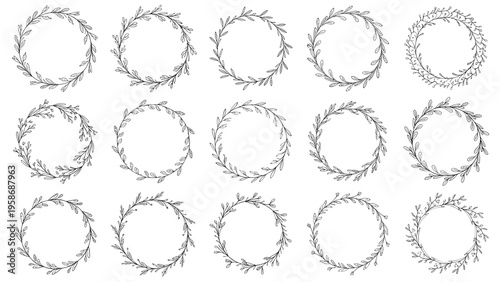 Set of delicate hand drawn floral wreaths and circular borders featuring various leaf and branch designs in black and white sketch style.