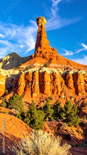 Towering red rock formation under blue skies with sparse trees at base