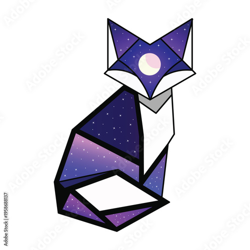 Geometric origami fox silhouette with a cosmic galaxy texture, stars, and moon, minimalist vector illustration for t-shirt design and posters