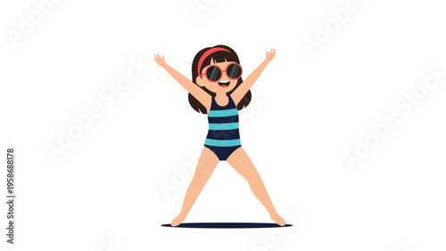 Energetic young girl wearing a striped blue swimsuit and pink sunglasses jumping with joy against a plain white background.