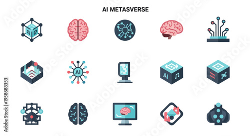 AI Metaverse icons set, neural network, futuristic technology
