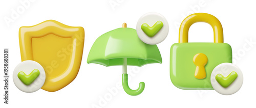 3d Lock, shield and umbrella with a green check mark. Protection and data safety icons set. Vector illustration.