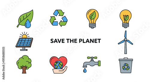 Eco-Friendly Icons: Save the Planet, Green Energy, Recycling, Sustainability