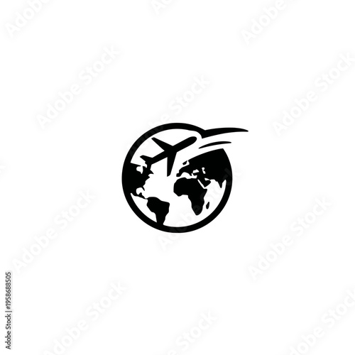 Global Travel Icon: Airplane Flying Around the World, International Flight & Tourism Symbol. Worldwide Journey Concept Vector