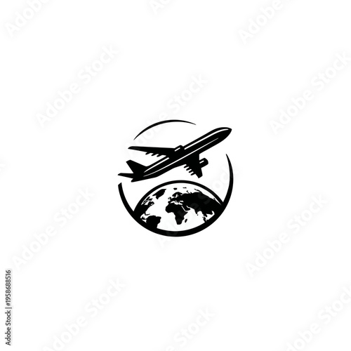 Global travel and tourism concept icon featuring a stylized airplane flying over a world map, symbolizing international flights and adventure.