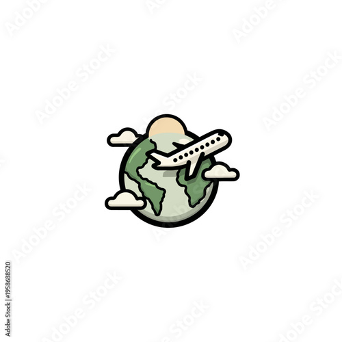 Global travel concept with cartoon airplane flying around the Earth planet, world tourism, international journey, and adventure icon