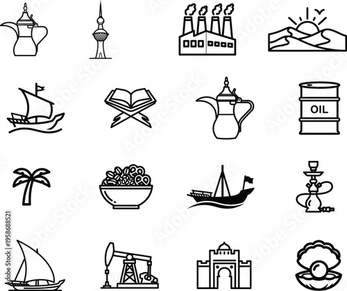 Collection of Middle Eastern and industrial icons in line art style