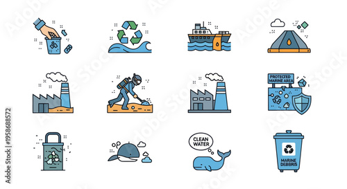 Environmental Protection Icons: Pollution, Recycling, Nature, Industry, Sustainability