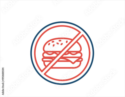 Red forbidden sign with a blue burger inside, indicating no fast food or unhealthy eating