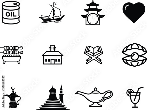 Collection of various black and white icons on a white background