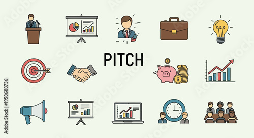 business pitch icons, finance and investment concepts