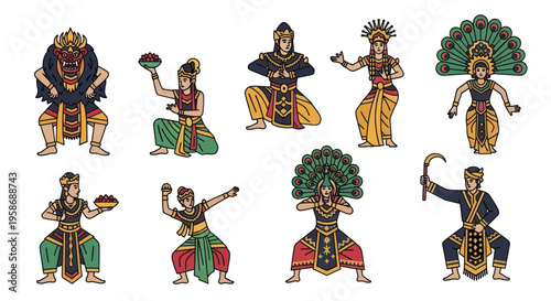 Traditional Indonesian Dance Characters: Ramayana, Peacock, Warrior, Ritual Performers